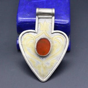Vintage Turkmen Silver Carnelian Heart Pendant: Gold Gilded Ethnic