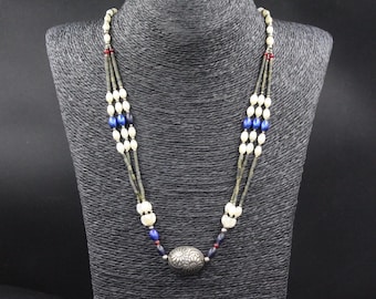 Afghan Jade Stone Necklace: Tribal Belly Dance Tassels, Silver Plated Beads