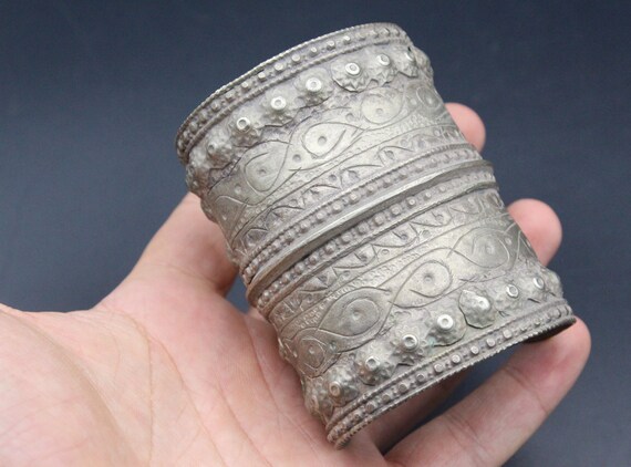 Turkmen Silver Cuff Bracelet, Antique Old Carved … - image 6