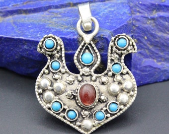 Colgante tradicional uzbeko de alpaca, con piedras de cornalina talladas en forma de animal, colgante étnico con forma de pájaro, joyería afgana.