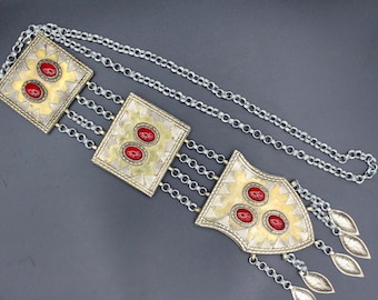 Vintage Kazakh Traditional Alpaka Necklace, Partial Gold Wash Necklace, Glass Beads Chain Necklace, Costuming Necklace, Tribal Necklace,
