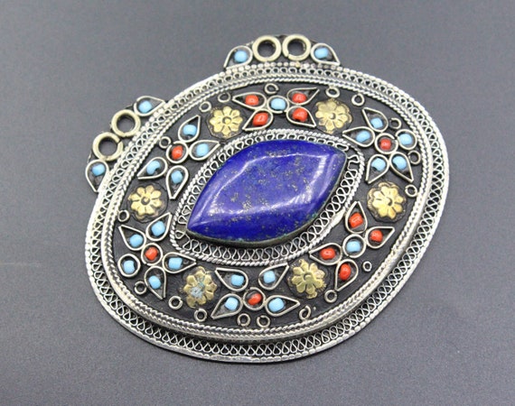 Vintage Uzbek Silver Oval Pendant, Lapis Lazuli S… - image 3