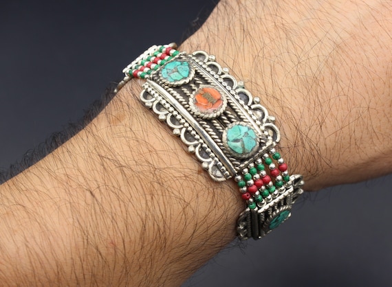 Tibetan Nepalese Bracelet, Turquoise Stones Alpak… - image 1