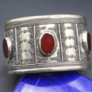 Vintage Kazakh Handmade Tribal Cuff Bracelet, Ethnic Boho Style Cuff Bracelet, Carnelian Stones Cuff Bracelet, Kazakh Jewelry