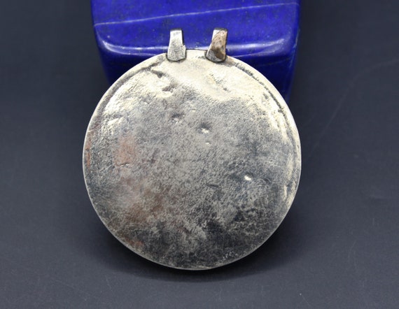 Vintage Uzbek Silver Round Pendant, Lapis Lazuli … - image 2