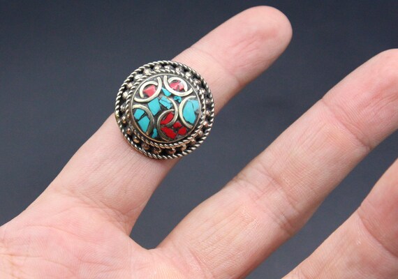 Tibetan Nepalese Ring, Round Adornment Ring, Turq… - image 6