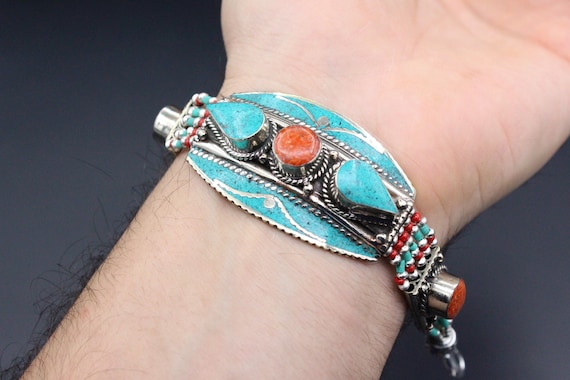 Tibetan Nepalese Bracelet, Enamel Turqoise & Cora… - image 2