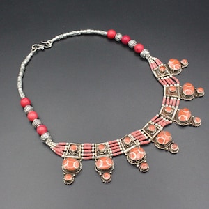 Tibetan Nepalese Necklace, Red Enamel Necklace, Charm Tribal Necklace, Boho Necklace, Tibetan Jewelry, Statement Necklace, Red Necklace #N06