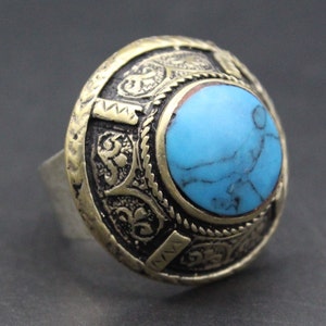 Afghan Ring, Kuchi Tribal Ring, Round Carved Ring, Turquoise Stone Ring, Belly Dance Ring, Size 10US,