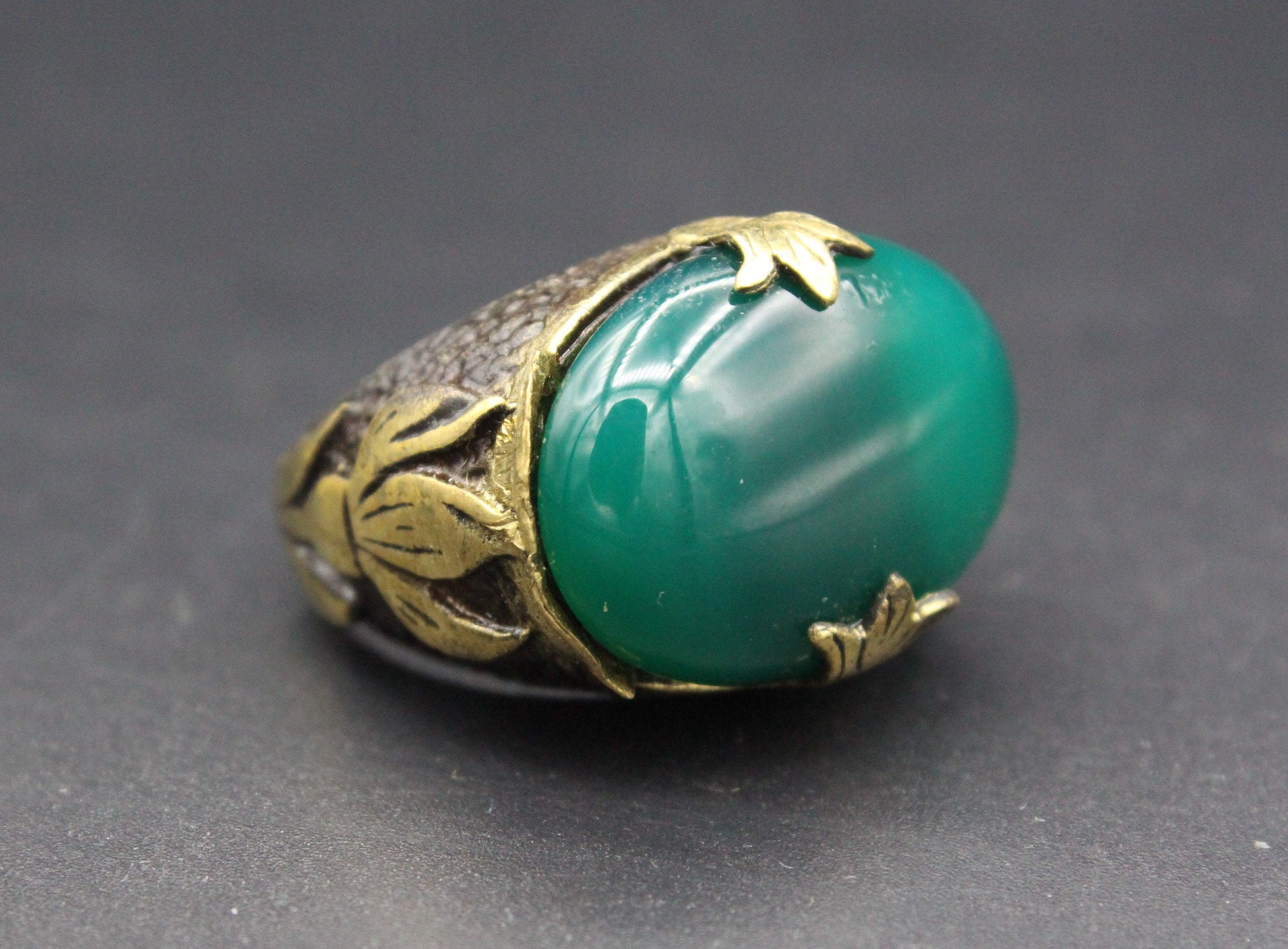 Turkish Bronze & Glass Jade Stone Ring Partial Gold Wash Etsy