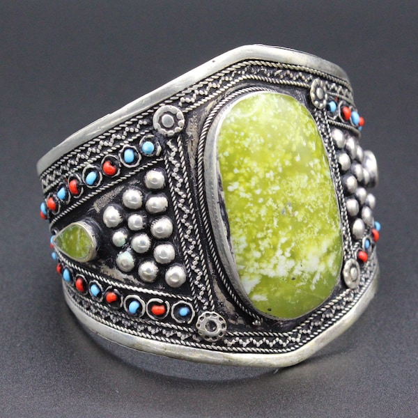 Afghan Turkmen Cuff Bracelet, Boho Style Tribal Adjustable Jade Stones Cuff Bracelet, Boho Cuff Bracelet, Ethnic Tribal Bracelet,