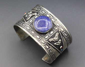 Afghan Cuff Bracelet, Kuchi Tribal Alpaka Cuff Bracelet, Lapis Lazuli Stones Cuff Bracelet, Colorful Boho Bracelet, Belly Dance Bracelet,