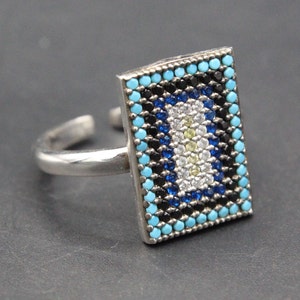 Turkish Sterling Silver Evil Eye Ring: Colorful Zircon, Adjustable Size 8.5