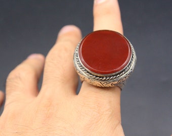 Afghan Alpaka Ring, Carved Ring, Carnelian Stone Round Ring, Boho Style Unique Ring, Large Costuming Ring, Size 12US, Boho Ring,
