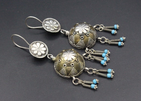 Vintage Kazakh Ethnic Silver Earrings, Lovely Bea… - image 2