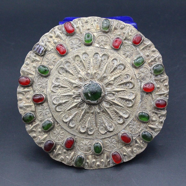 Beautiful Turkman Silver Colorful Beads Button Ghulyaka Pendant, Disc Shaped Partial Gold Gilded Pendant, Central Asian Jewelry,