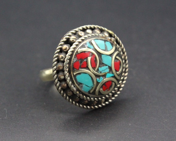 Tibetan Nepalese Ring, Round Adornment Ring, Turq… - image 2