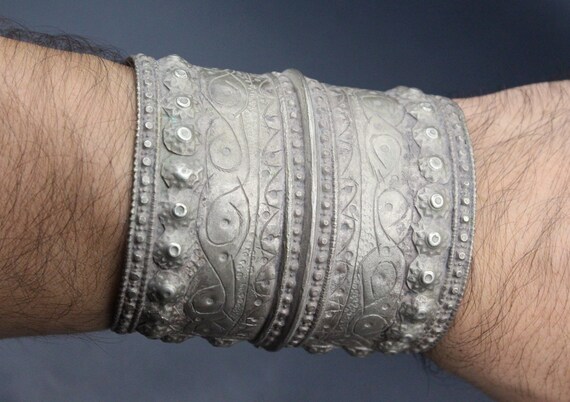 Turkmen Silver Cuff Bracelet, Antique Old Carved … - image 9