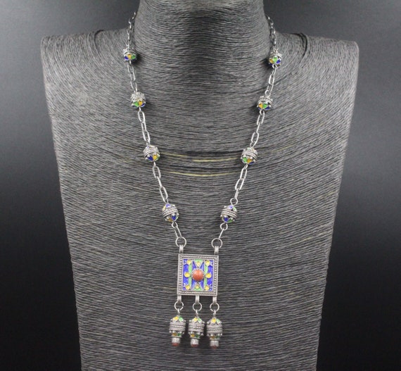 Moroccan Berber Kabyle Necklace, Tassels Sterling… - image 1