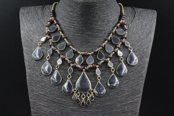 Vintage Afghan Alpaka Necklace, Black Enamel Bead… - image 8