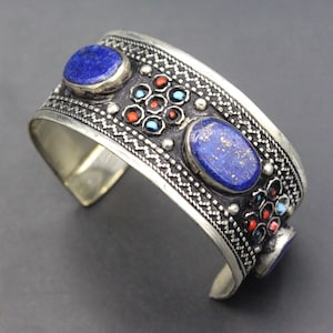 Afghan Cuff Bracelet, Kuchi Tribal Alpaka Cuff Bracelet, Lapis Lazuli Stones Cuff Bracelet, Colorful Boho Bracelet, Belly Dance Bracelet,
