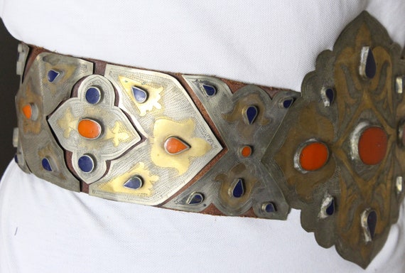 Vintage Afghan Alpaka Belt, Enamel Work Large Tri… - image 4