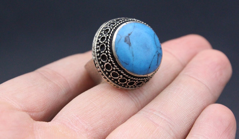 Afghan Ring, Kuchi Tribal Ring, Round Carved Ring, Turquoise Stone Ring ...
