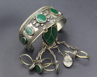 Afghan Traditional Belly Dance 5 Finger Ring Green Enamel Bracelet, Adornment Bracelet, Nomadic Bracelet, Ethnic Tribal Bracelet,