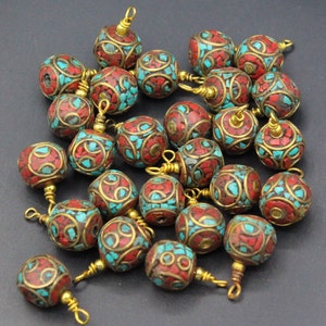 1 pieza de cuentas tibetanas nepalesas de coral y turquesa, redondas, coloridas, tribales, para hacer joyas y pulseras, n.° B02
