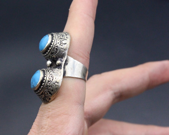 Afghan Turkmen Traditional Long Ring, Inlay Turqu… - image 5