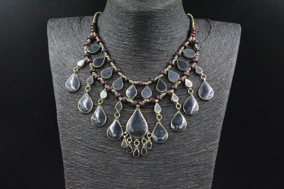 Vintage Afghan Alpaka Necklace, Black Enamel Bead… - image 1