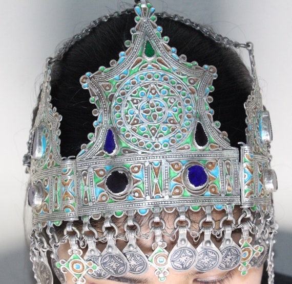 Moroccan Silver Judaica Wedding Crown, Enamel Wor… - image 6