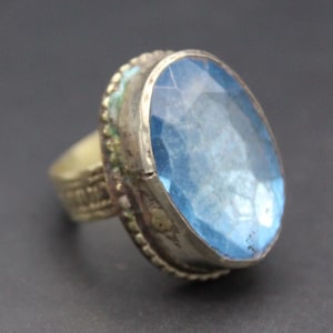 Afghan Ring, Traditional Alpaka Ring, Tribal Bellydance Adorable Ring, Sky Blue Glass Beads Ethnic Afghan Ring, Size 9US, Afghan Jewelry,