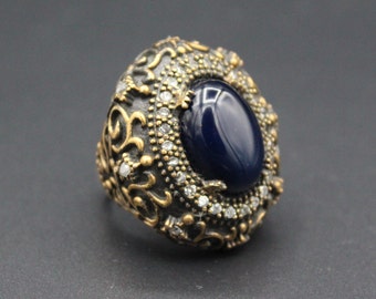 Turkish 925K Sterling Silver & Bronze Ring, Onyx Beads Large Ring, Costuming Lovely Ring, Carved Large Ring, Gift For Her, Size 7.5US
