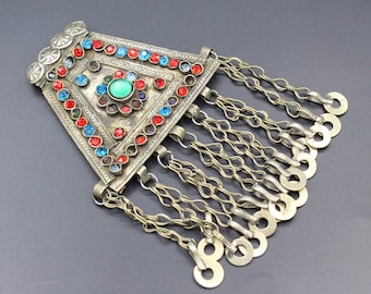 Colgante afgano vintage: joyería tribal kuchi con cuentas de vidrio para danza del vientre