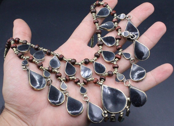 Vintage Afghan Alpaka Necklace, Black Enamel Bead… - image 6