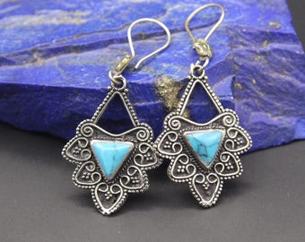 Afghan Turquoise Stone Earrings: Kuchi Style Dangle Earrings