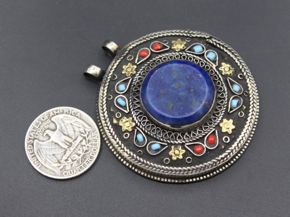 Vintage Uzbek Silver Round Pendant, Lapis Lazuli … - image 4