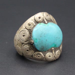 Vintage Afghan Turquoise Stone Ring: Tribal Boho Silver Jewelry, Size 8
