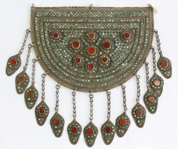 Drop Shape Unique Beads Pendant Uzbek Traditional Pendant Tribal Silver Pendant Carnelian Stone Vintage Pendant,
