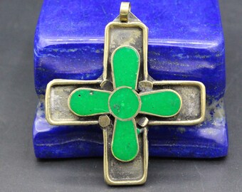 Vintage Afghan Alpaka Cross Pendant, Green Enamel Cross Pendant, Costuming Alpaka Boho Pendant, Nomadic Cross Pendant,