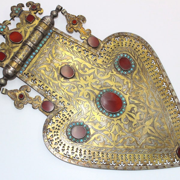 Turkmen Silver Carnelian Stone Asyk Large Pendant, Heart Shape Gold Gilded Pendant, Carved Workmanship Carnelian Pendant, Turkmen Jewelry