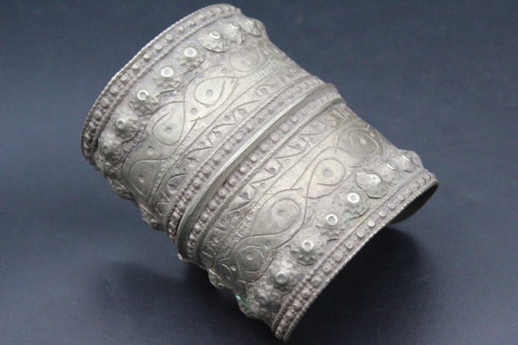 Turkmen Silver Cuff Bracelet, Antique Old Carved … - image 1