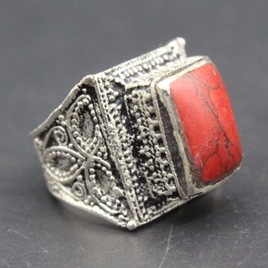 Afghan Ring, Alpaka Red Coral Stones Ring, Belly Dance Adornment ATS Ring, Kuchi Carved Ring, Costuming Ring, Afghan Jewelry, Size 7US,