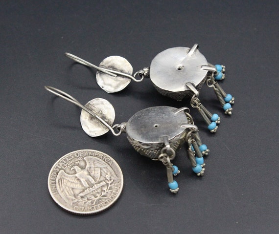 Vintage Kazakh Ethnic Silver Earrings, Lovely Bea… - image 4