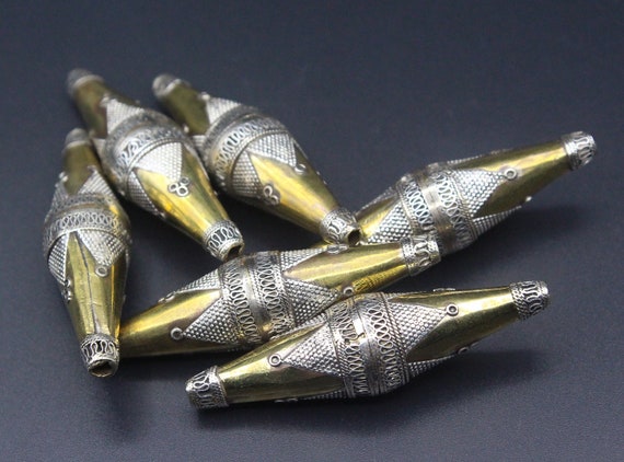 ANCIENT BEADS DICTIONARY 古珠詮 1PC Kazakh Silver Naicha Beads, Tube Beads, Tribal Jewelry Making