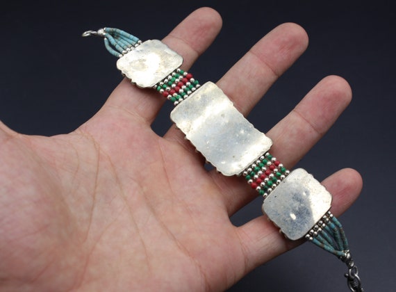 Tibetan Nepalese Bracelet, Turquoise Stones Alpak… - image 6