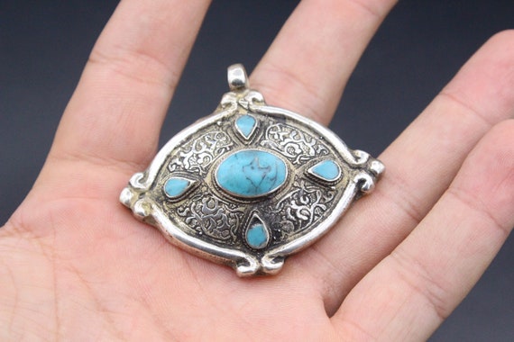 Vintage Afghan Alpaka Kuchi Turquoise Stones Pend… - image 9