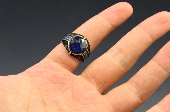 925K Sterling Silver Turkish Ring, Glass Sapphire… - image 4