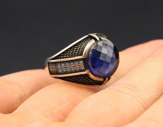 925K Sterling Silver Turkish Ring, Glass Sapphire… - image 7